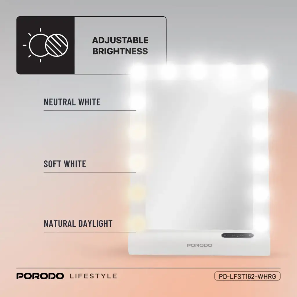 Porodo Lifestyle Hollywood Vanity Lighted Mirror - White/Rose Gold