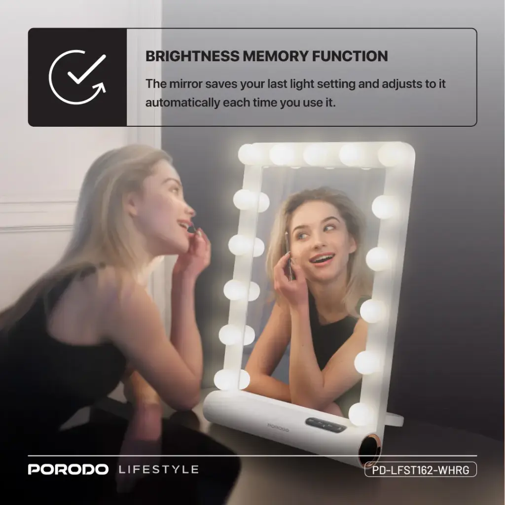 Porodo Lifestyle Hollywood Vanity Lighted Mirror - White/Rose Gold