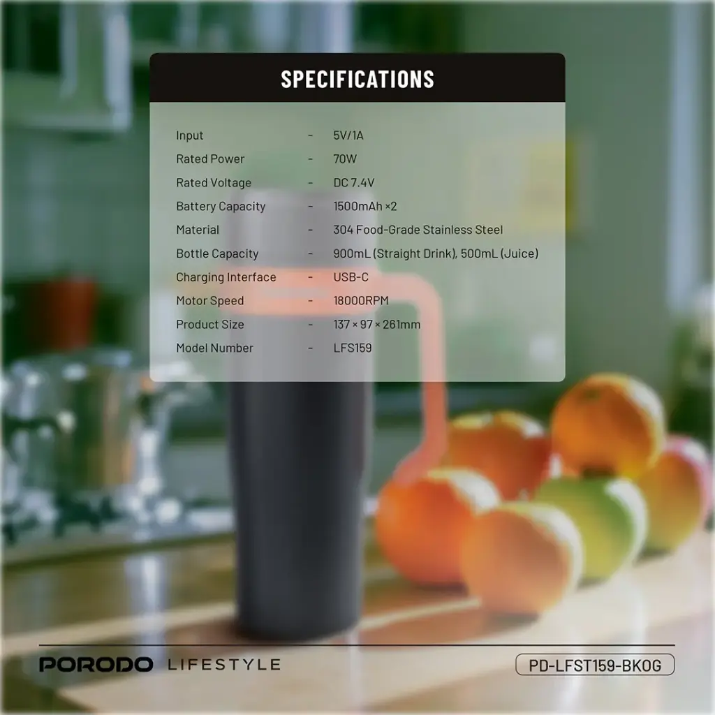 Porodo Lifestyle 6-Blade Portable Blender - Black/Orange