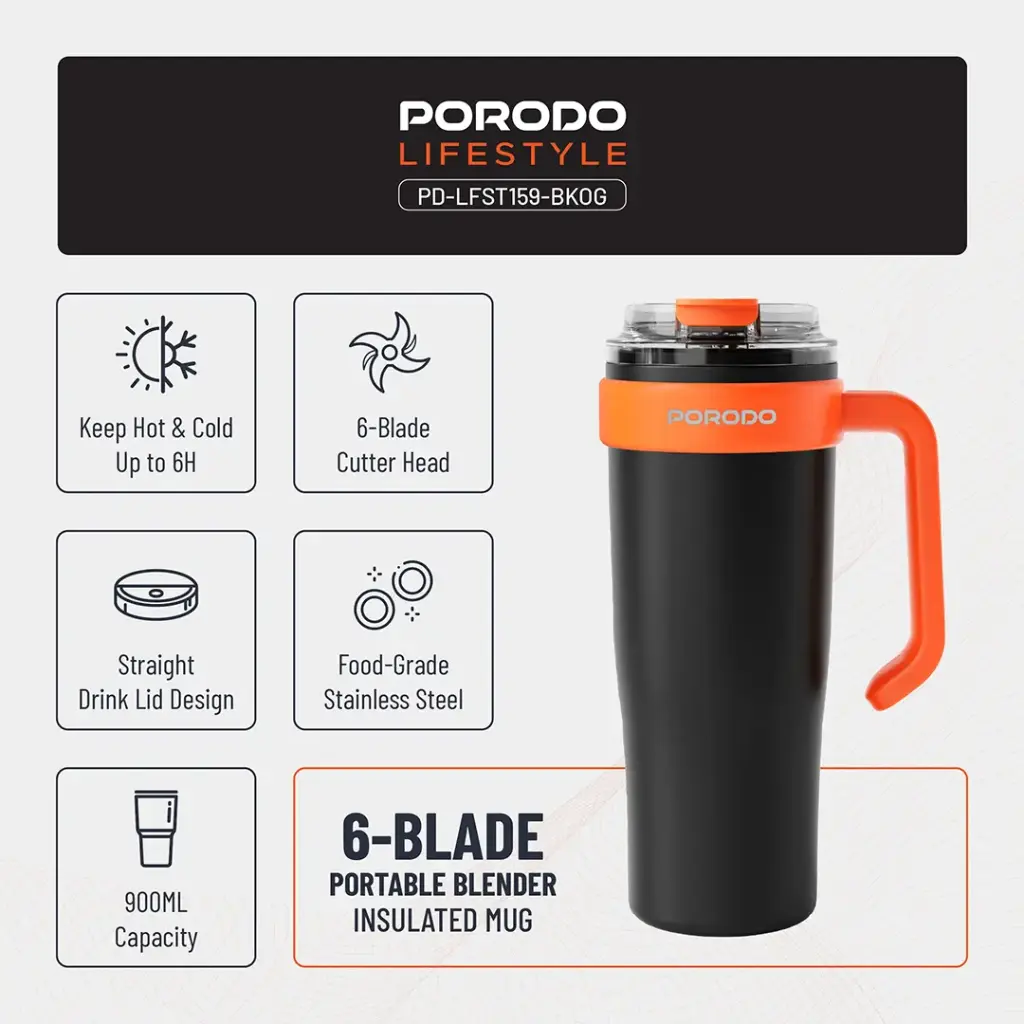 Porodo Lifestyle 6-Blade Portable Blender - Black/Orange