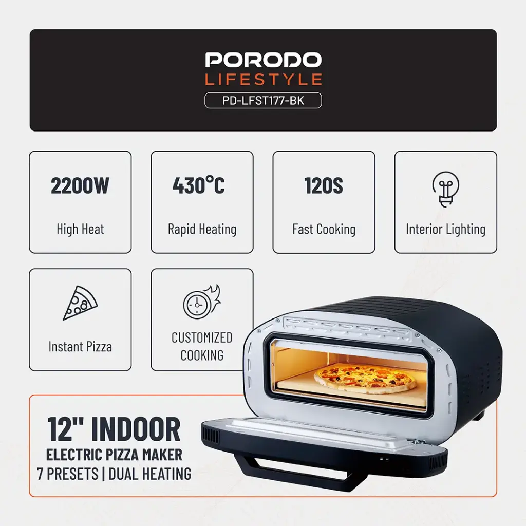 Porodo Lifestyle 12'' Indoor Electric Pizza Maker - Black