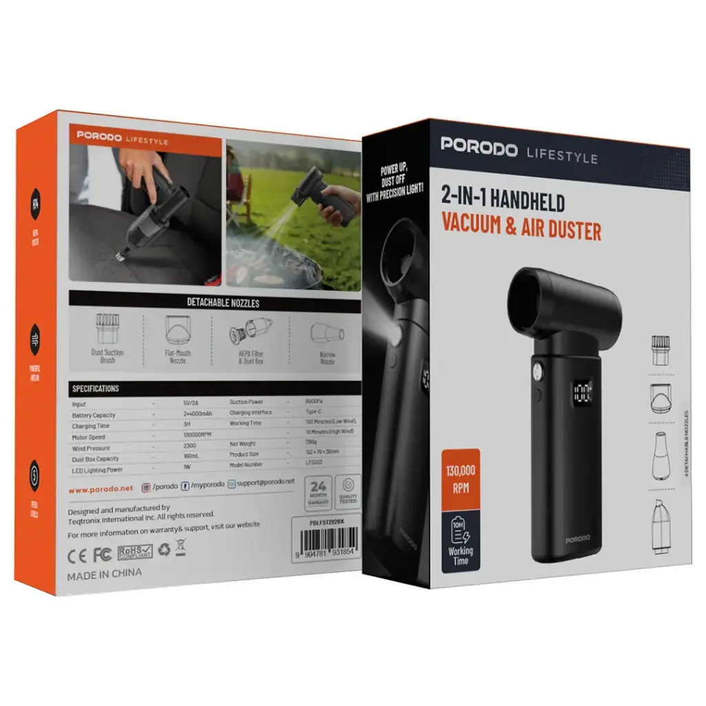 Porodo Lifestyle 2-in-1 Handheld Vacuum & Air Duster - Black