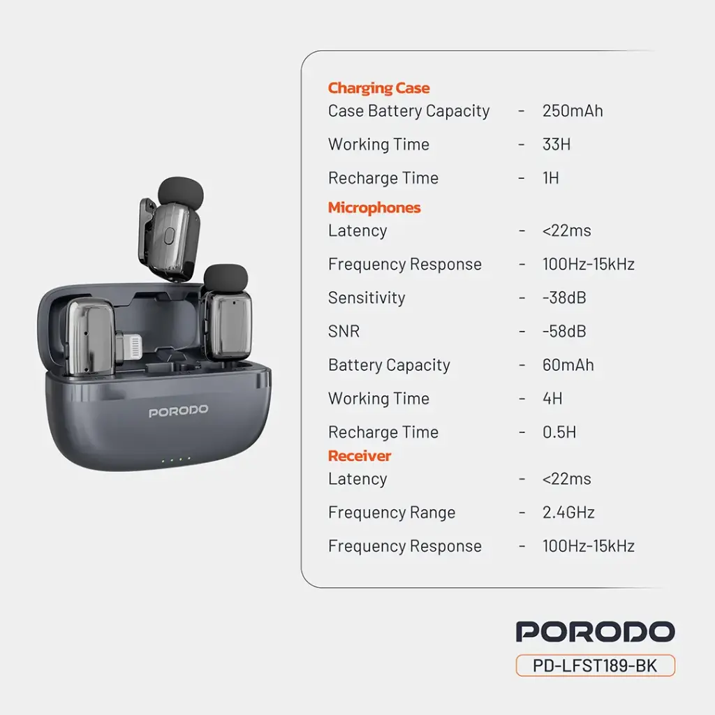 Porodo Wireless Lavalier Microphones Lightning - Black