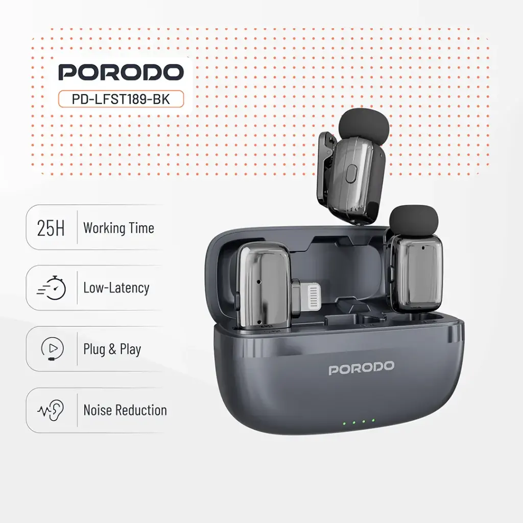 Porodo Wireless Lavalier Microphones Lightning - Black