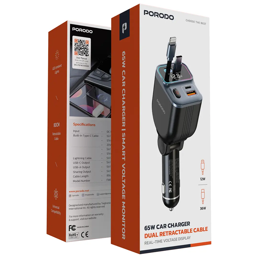 Porodo 65W Car Charger Dual Retractable Cable - Black.webp