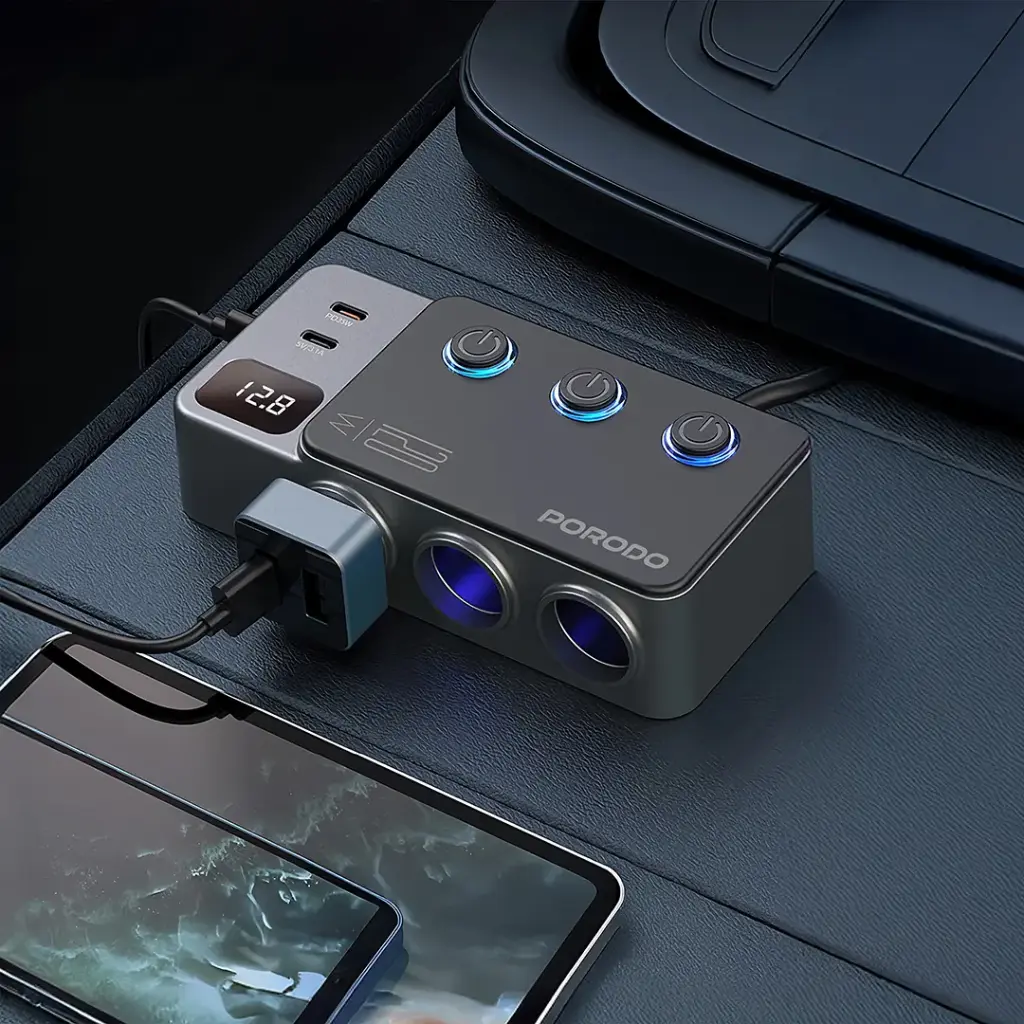 Porodo 120W Car Charger Hub Triple-Port Lighter Socket - Dark Gray