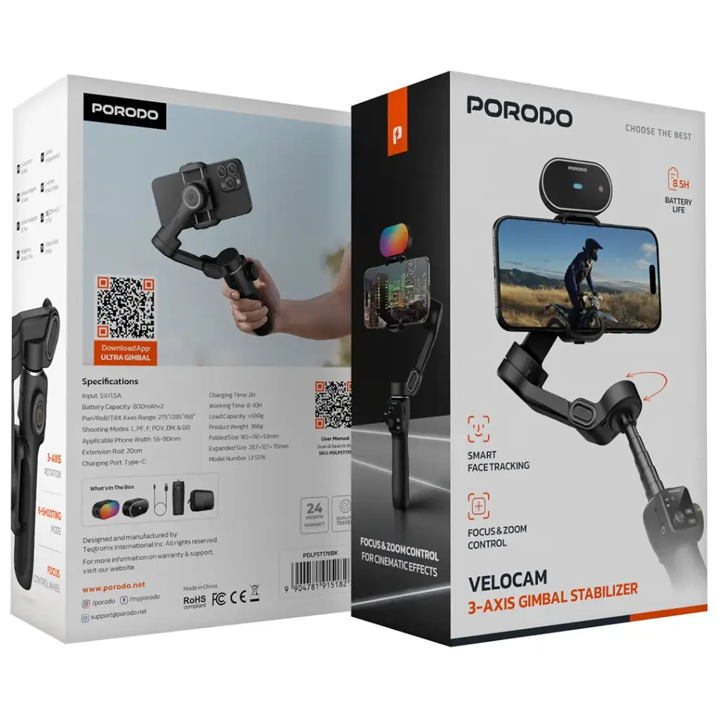 Porodo Velocam 3-Axis Gimbal Stabilizer - Black