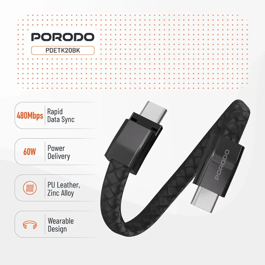 Porodo USB-C to USB-C Wristband Cable Magnetic Steel Clasp