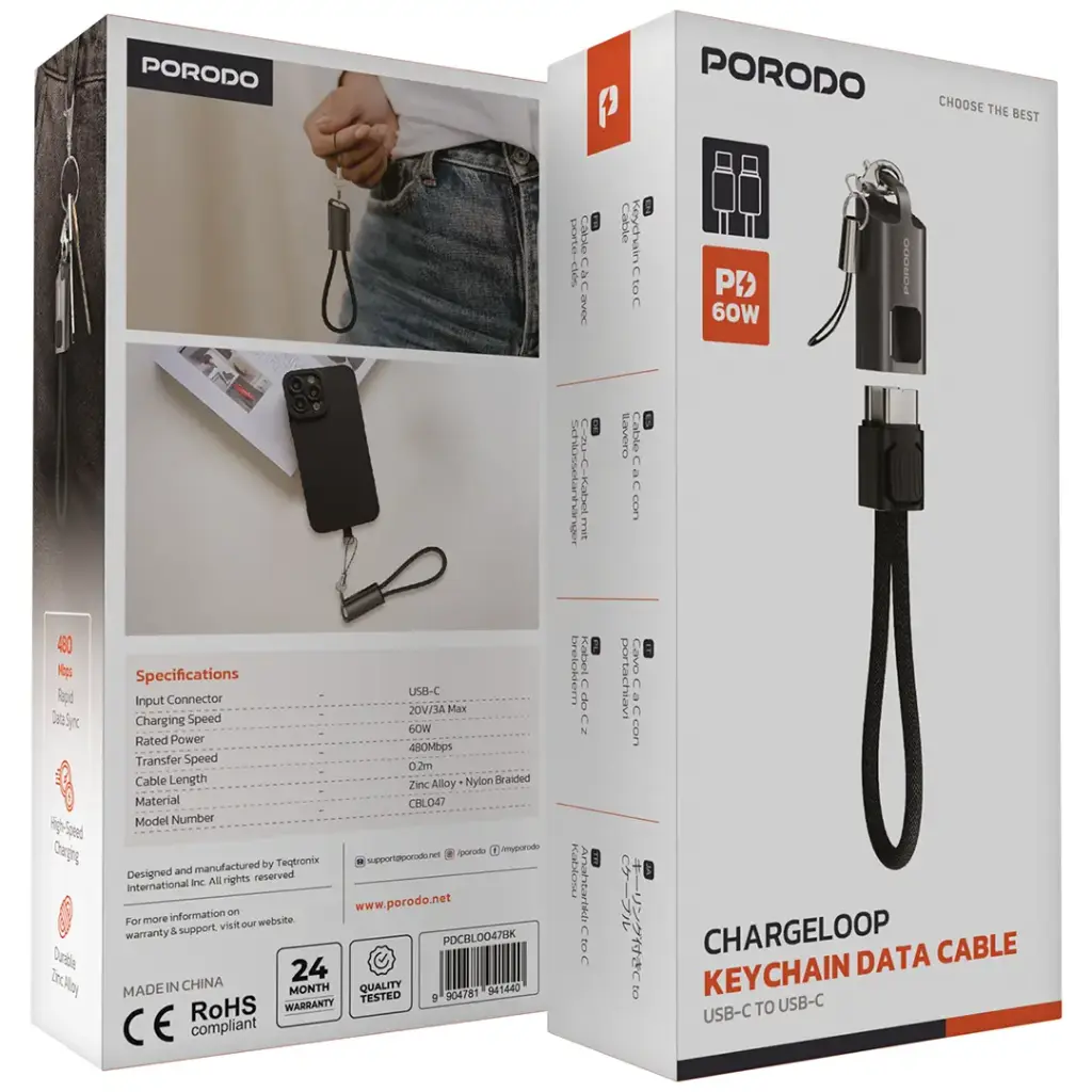 Porodo Chargeloop Keychain Data Cable USB-C to USB-C - Black