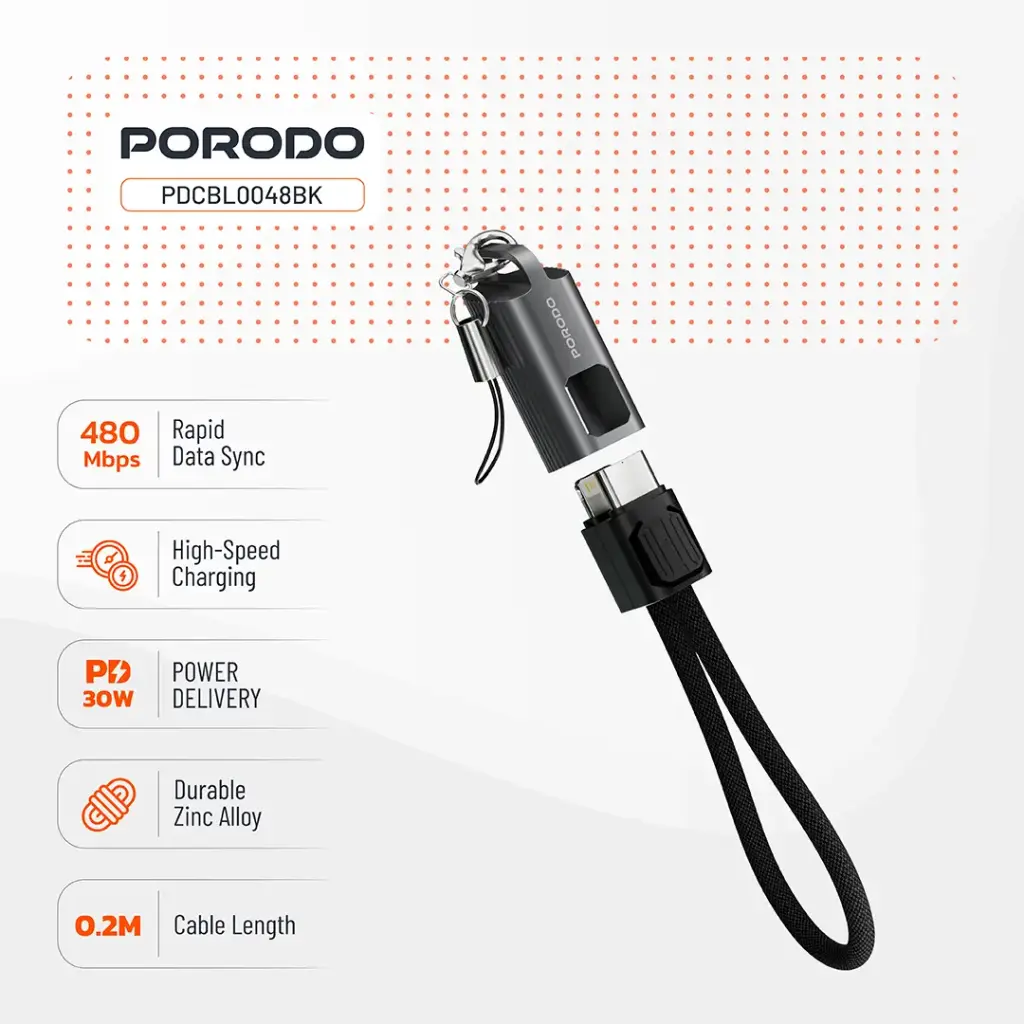 Porodo Chargeloop Keychain Data Cable USB-C to Lightning - Black