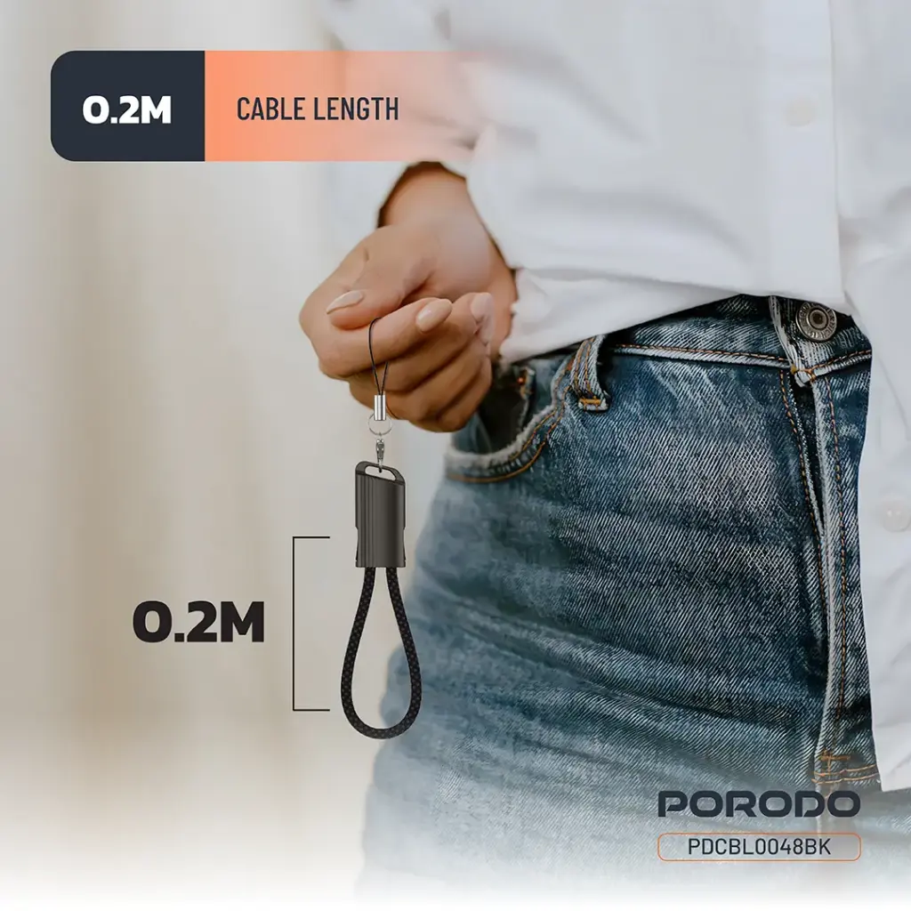 Porodo Chargeloop Keychain Data Cable USB-C to Lightning - Black