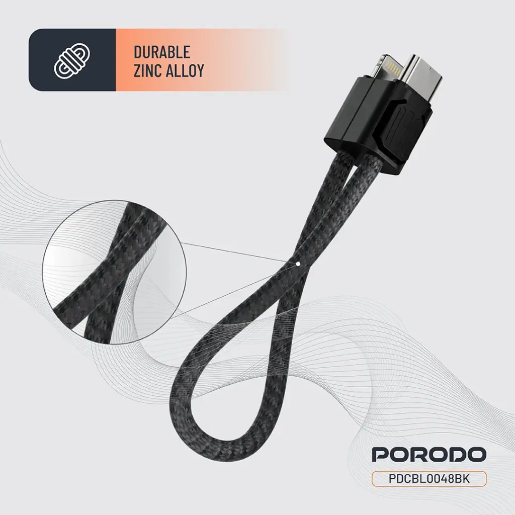 Porodo Chargeloop Keychain Data Cable USB-C to Lightning - Black