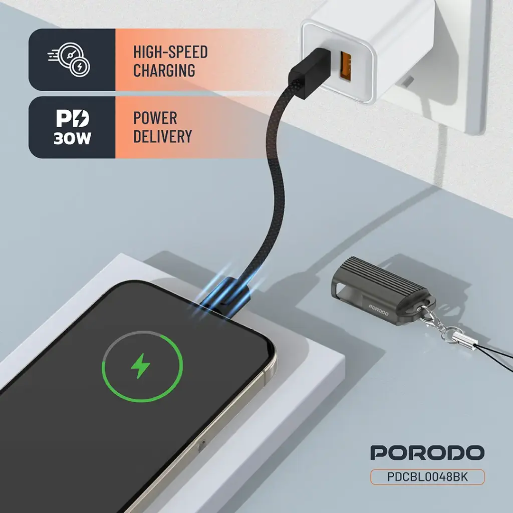 Porodo Chargeloop Keychain Data Cable USB-C to Lightning - Black