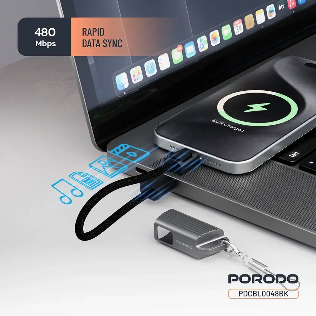 Porodo Chargeloop Keychain Data Cable USB-C to Lightning - Black