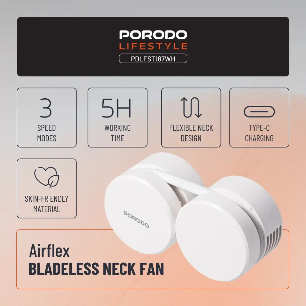 Porodo Lifestyle AirFlex Bladeless Neck Fan - White