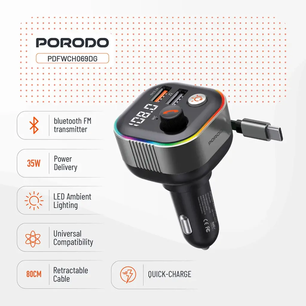 Porodo Audio Boost Bluetooth FM Transmitter - Dark Gray