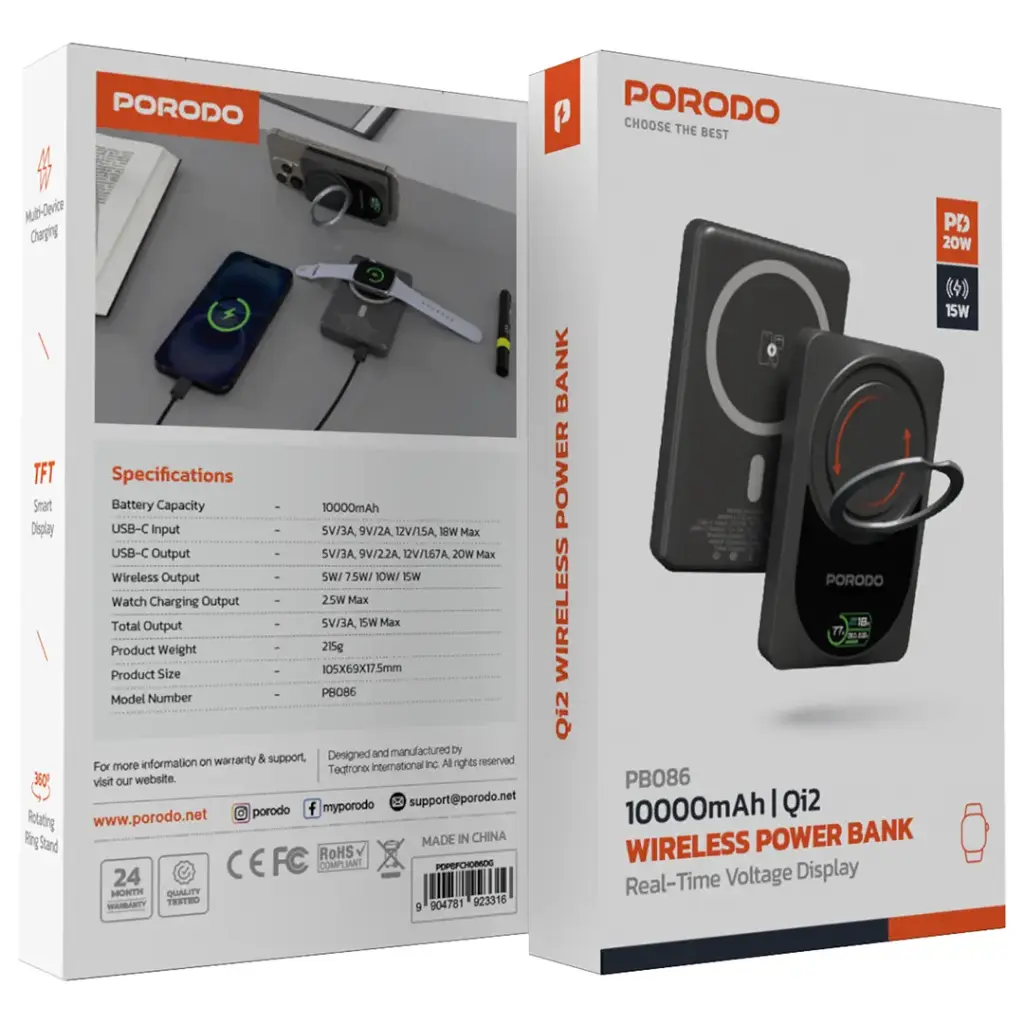 Porodo 10000mAh Qi2 Wireless Power Bank - Dark Gray