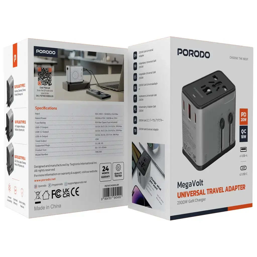 Porodo Mega Volt Universal Travel Adapter - Silver/Black