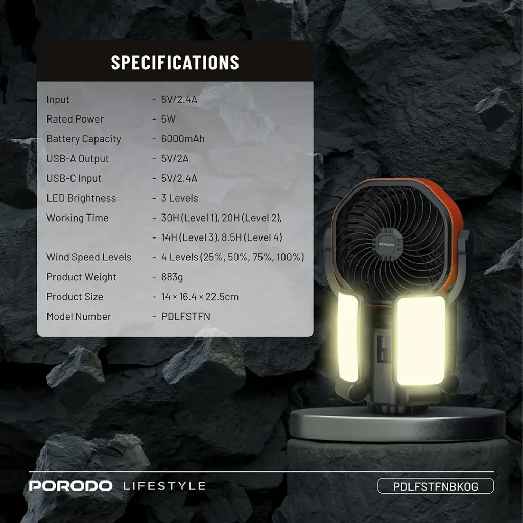 Porodo Lifestyle Suncharge Outdoor Solar Fan - Black & Orange