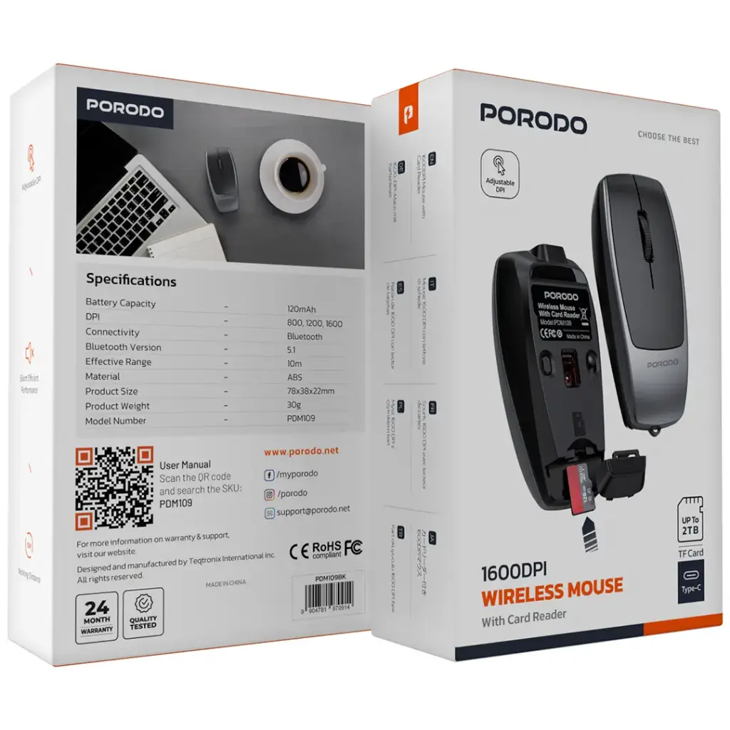Porodo Wireless Mouse 1600DPI with Card Reader
