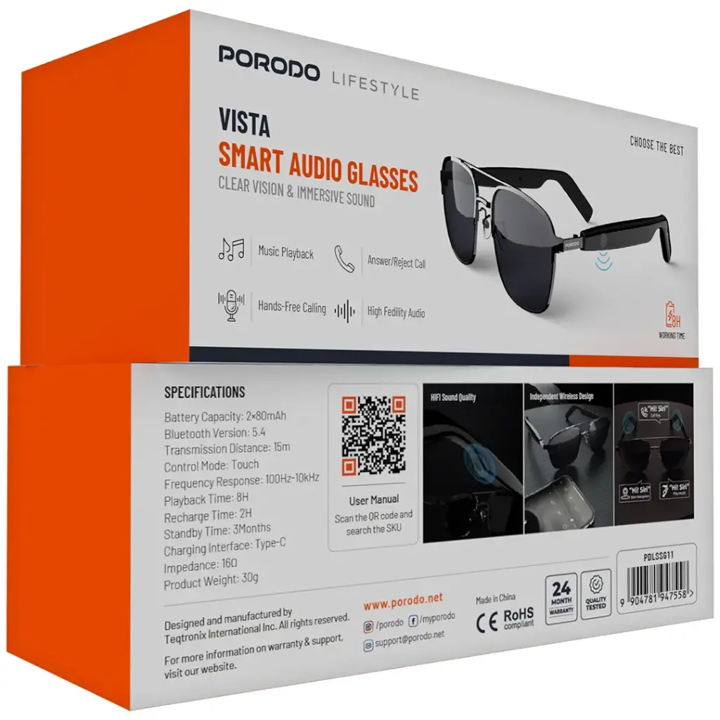 Porodo Lifestyle Vista Smart Audio Glasses - Black