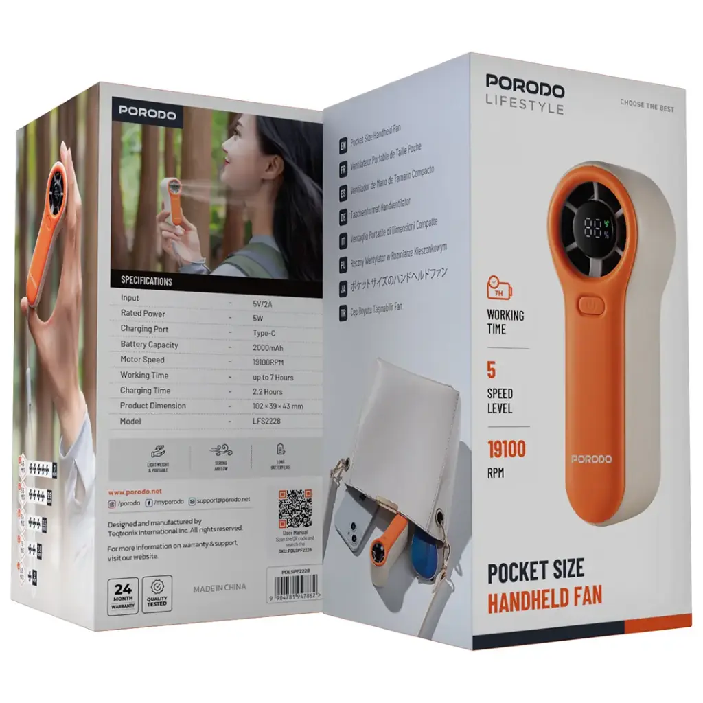 Porodo Lifestyle Pocket Size Handheld Fan - White/Orange