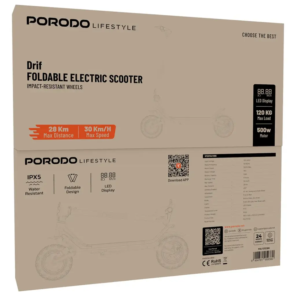 Porodo Lifestyle Drif Foldable Electric Scooter - Black