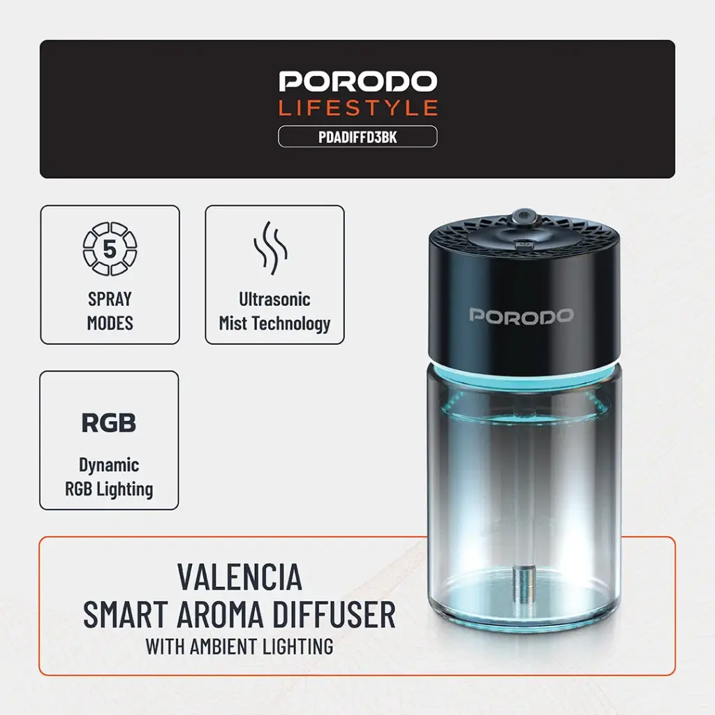 Porodo Lifestyle Valencia Smart Aroma Diffuser - Black