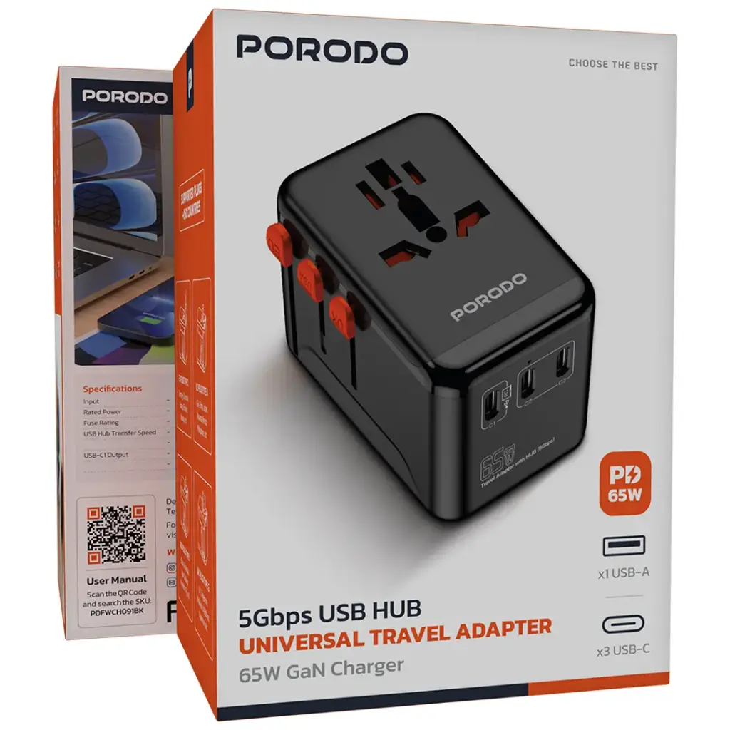 Porodo 5Gbps USB HUB Universal Travel Adapter 65W GaN Charger - Black.webp