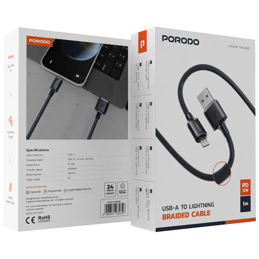 Porodo USB-A to Lightning Braided Cable - Black.webp