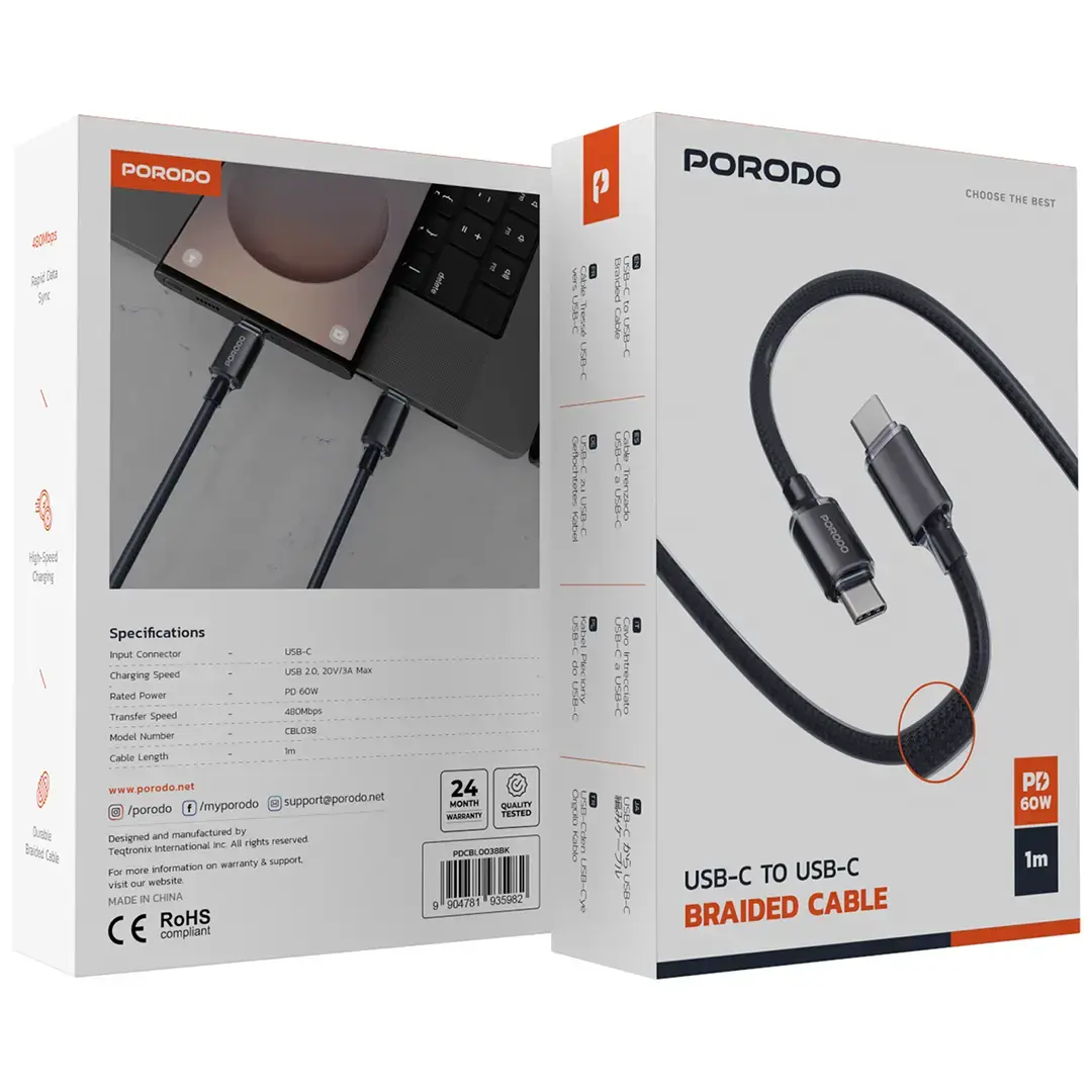 Porodo USB-C to USB-C Braided Cable - Black.webp