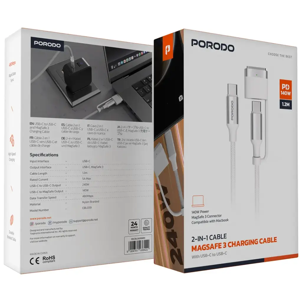 Porodo 2-in-1 Cable MagSafe 3 Charging Cable With USB-C to USB-C - White.webp