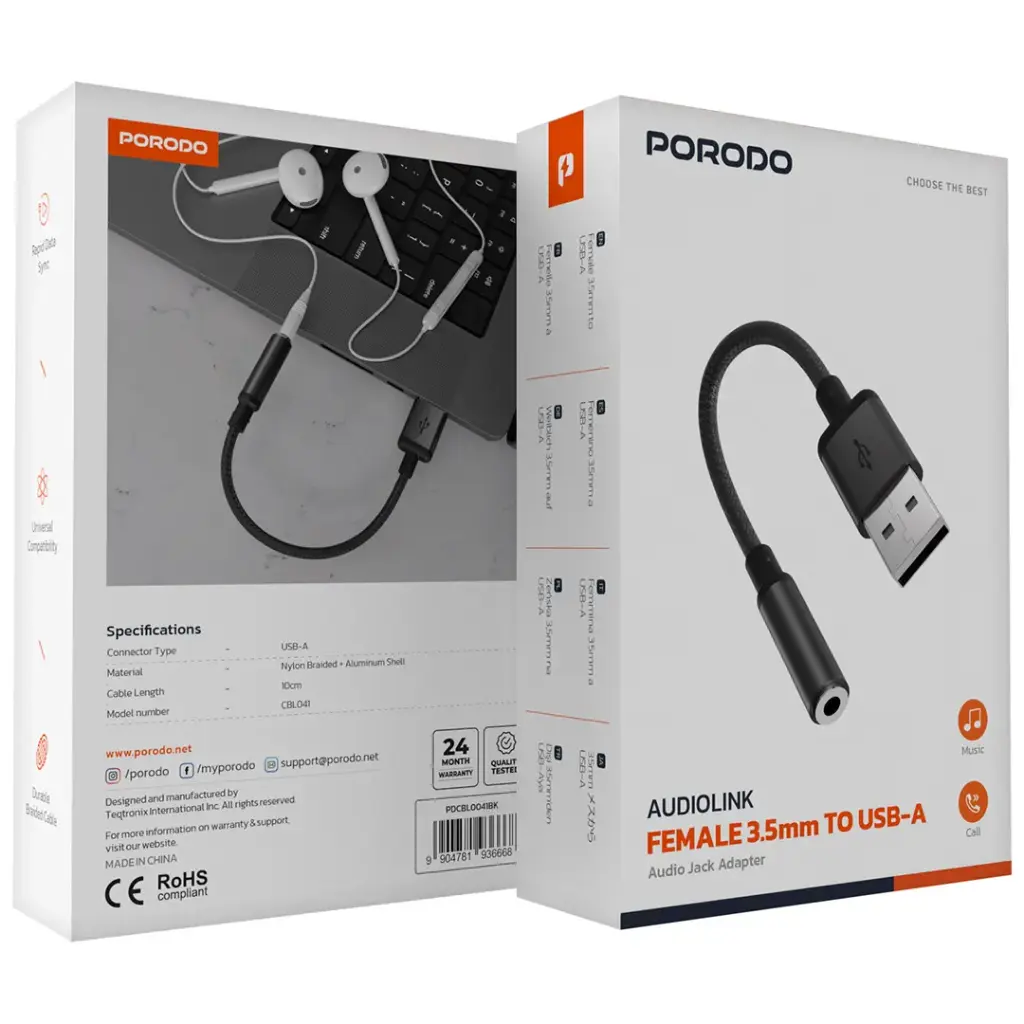 Porodo Audiolink Female 3.5mm to USB-A Audio Jack Adapter - Black.webp