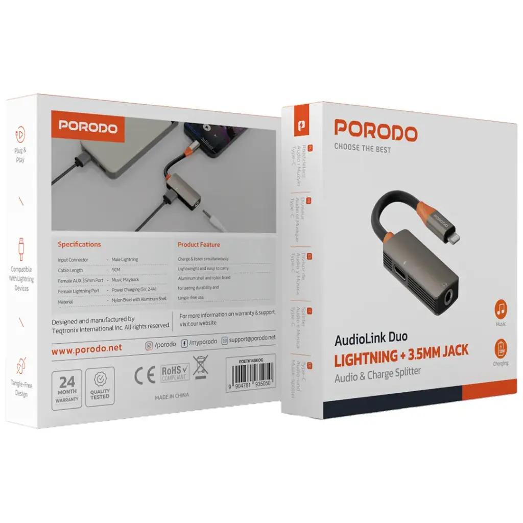 Porodo AudioLink Duo Lightning + 3.5mm Jack Audio and Charge Splitter - Black & Orange.webp