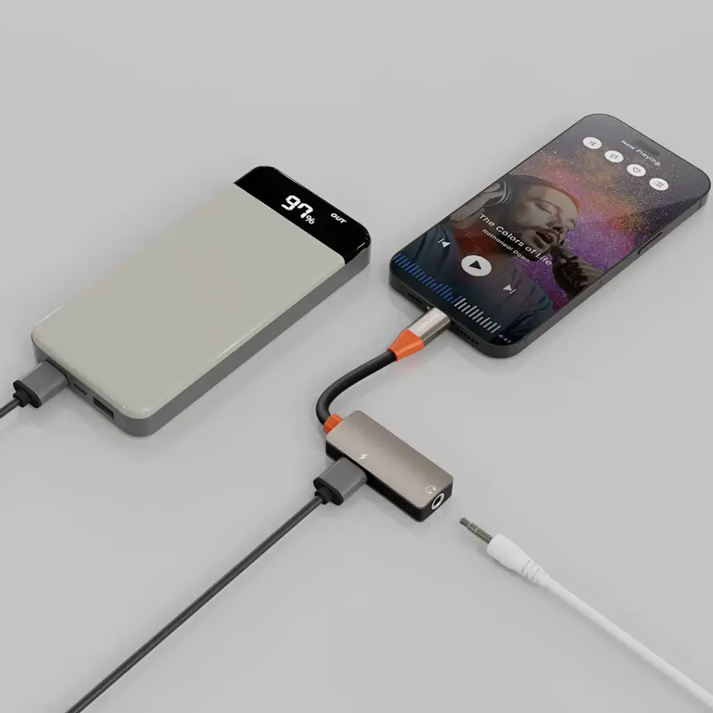 Porodo AudioLink Duo Lightning + 3.5mm Jack Audio and Charge Splitter - Black & Orange (3).webp