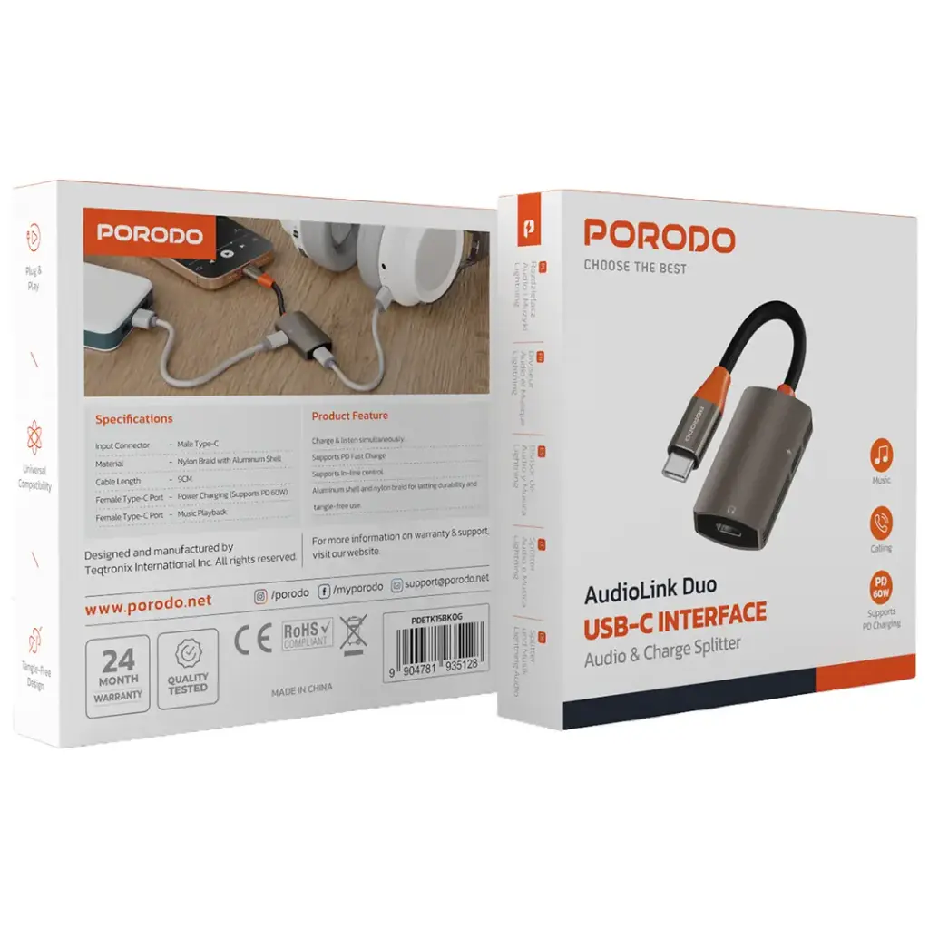 Porodo AudioLink Duo USB-C Interface Audio and Charge Splitter - Black & Orange.webp