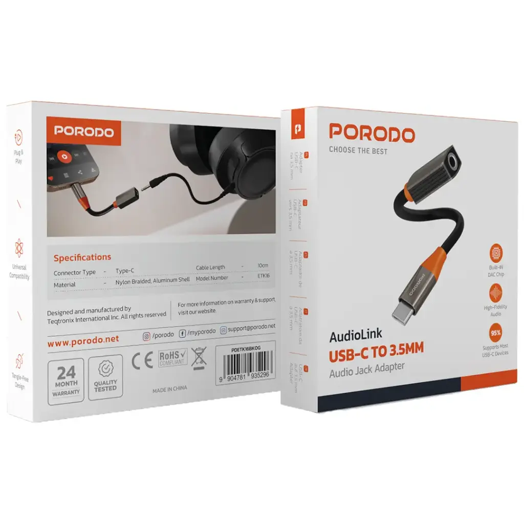 Porodo AudioLink USB-C to 3.5mm Audio Jack Adapter - Black & Orange.webp