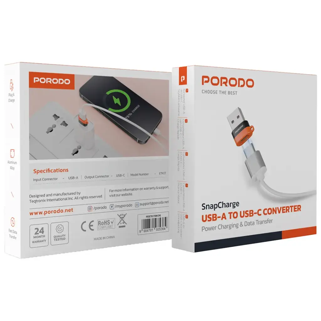 Porodo SnapCharge USB-A to USB-C Converter - Black & Orange.webp