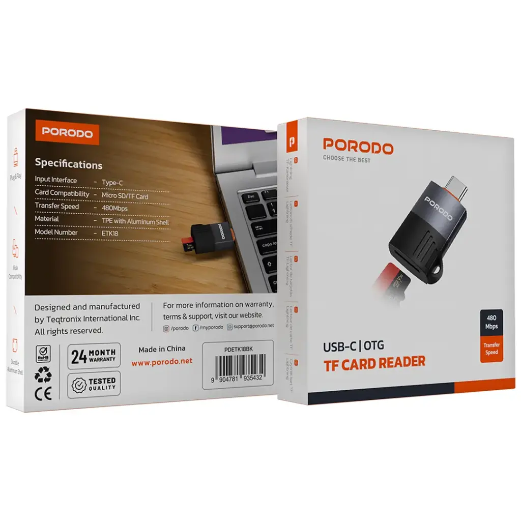 Porodo USB-C OTG TF Card Reader - Black (2).webp