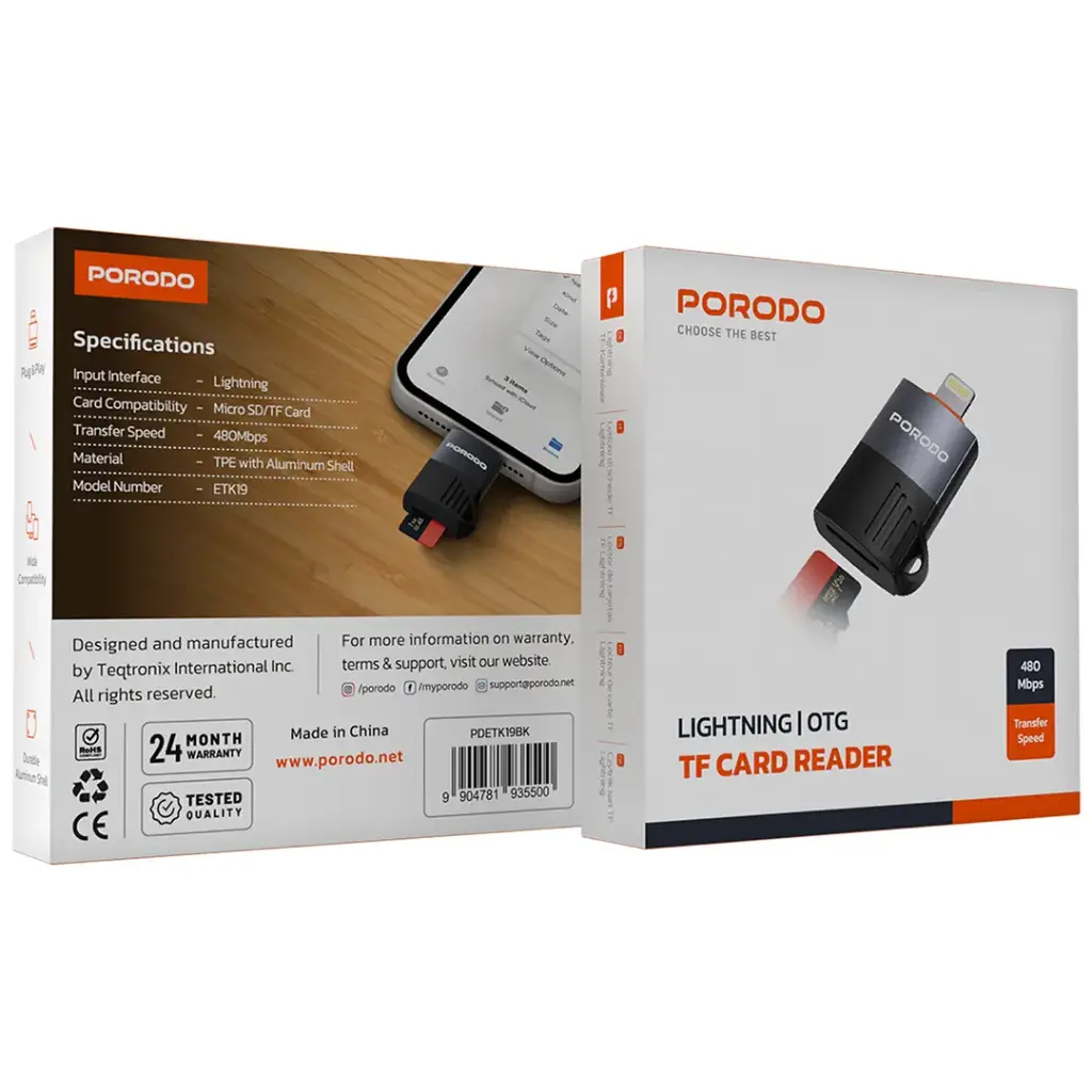 Porodo Lightning OTG TF Card Reader - Black (2).webp