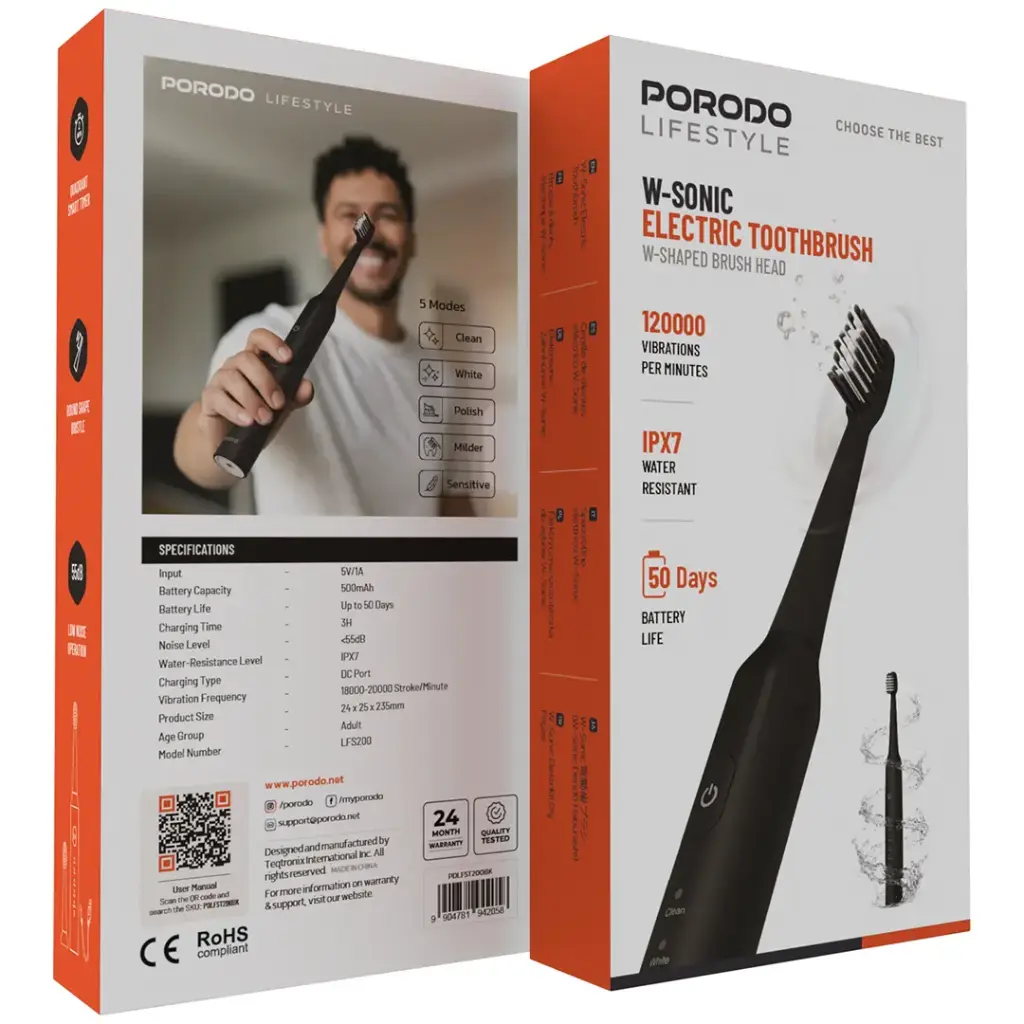 Porodo Lifestyle W-Sonic Electric Toothbrush - Black.webp