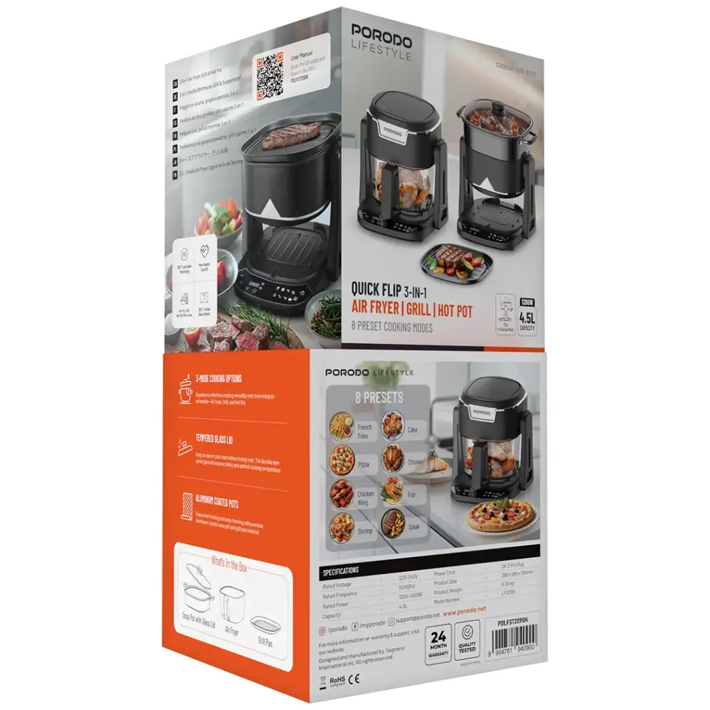 Porodo Lifestyle Quick Flip 3-In-1 Air Fryer  Grill  Hot Pot 4.5L - Black (2).webp
