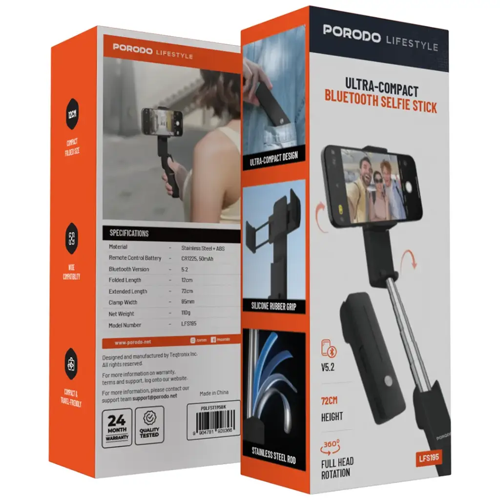 Porodo Lifestyle Ultra-Compact Bluetooth Selfie Stick - Black.webp