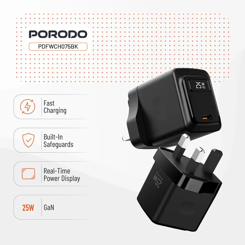 Porodo GaN 25W USB-C Wall Charger - Black.webp