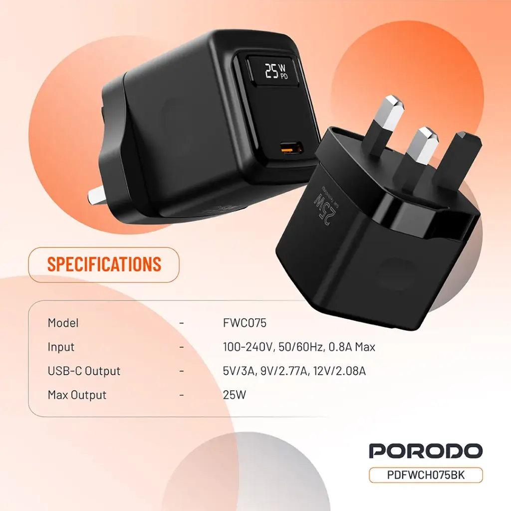 Porodo GaN 25W USB-C Wall Charger - Black (4).webp