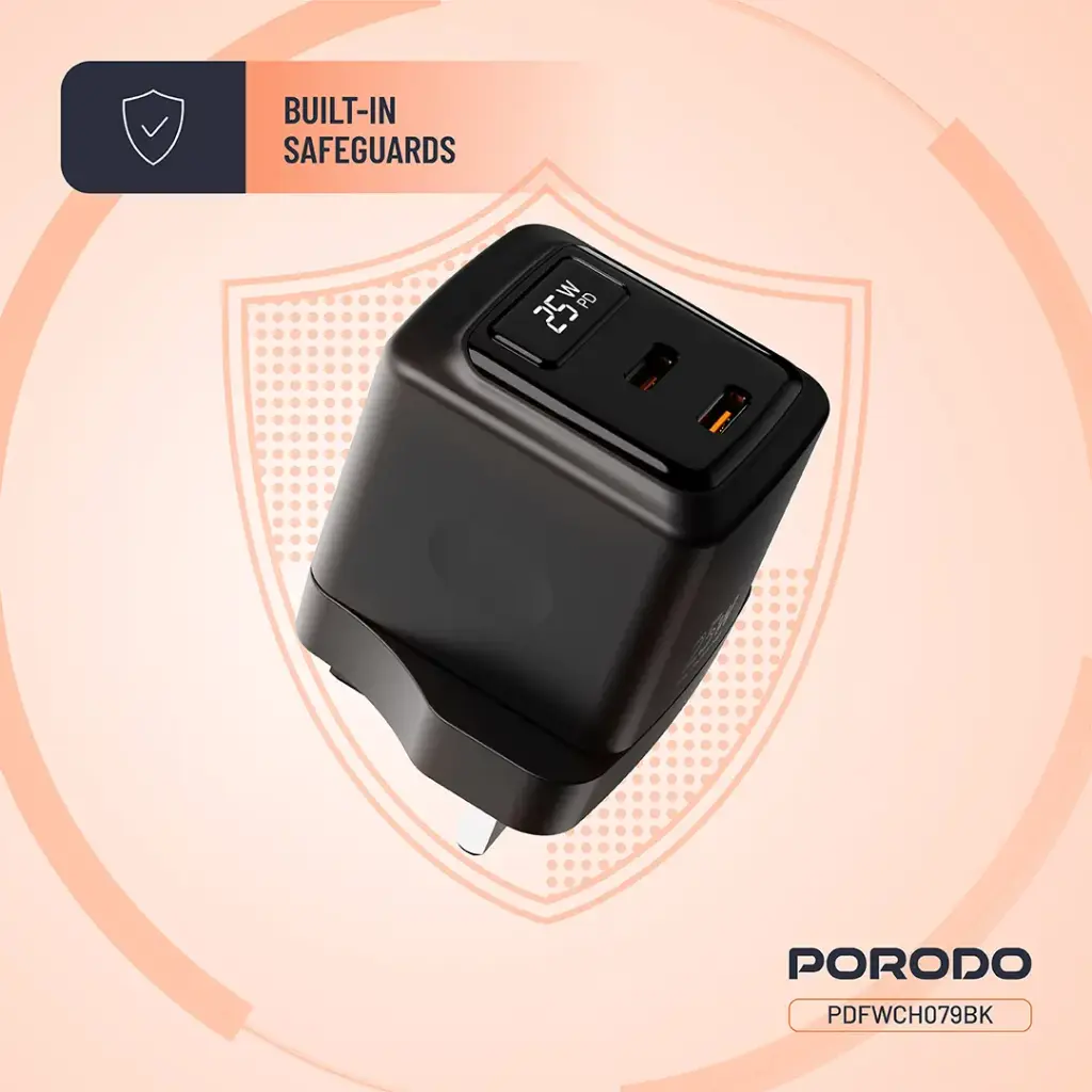 Porodo GaN 25W Dual USB-C Wall Charger - Black (6).webp