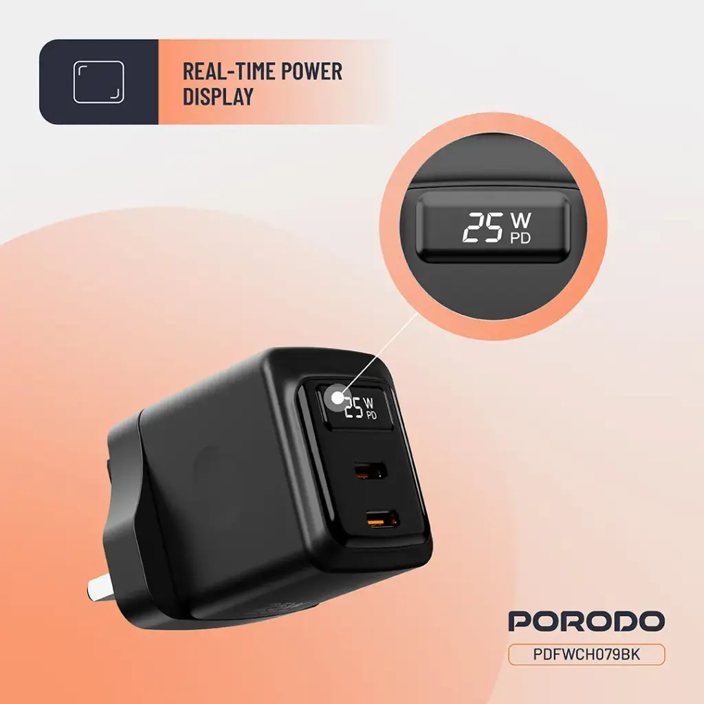 Porodo GaN 25W Dual USB-C Wall Charger - Black (5).webp