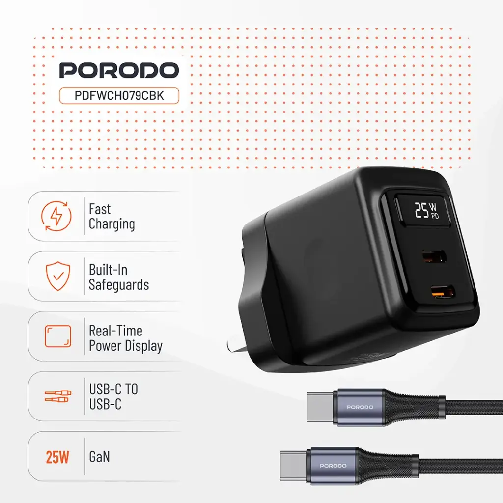 Porodo GaN 25W Dual USB-C Wall Charger With Type-C to Type-CLightning Cable - Black (2).webp