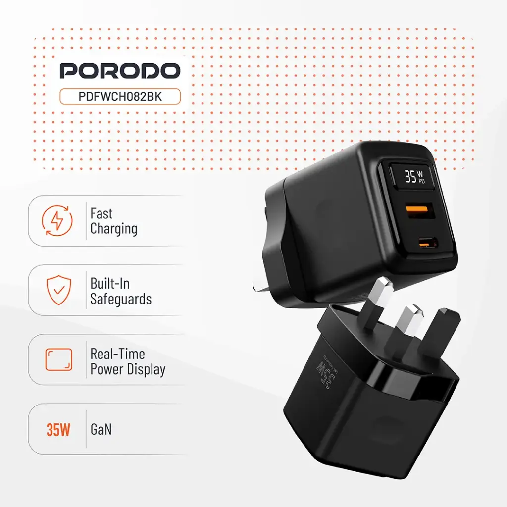 Porodo GaN 35W Dual Port Wall Charger with Power Display - Black (2).webp
