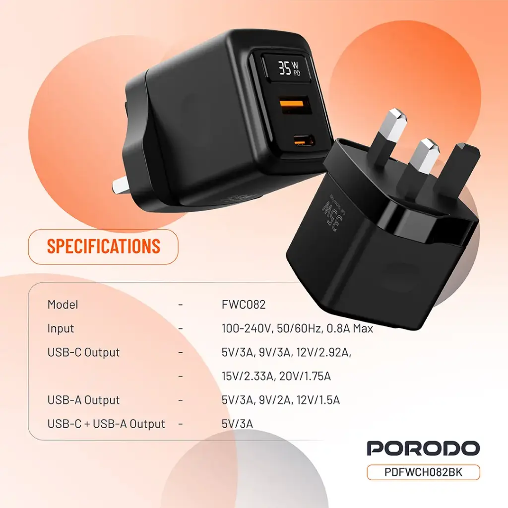 Porodo GaN 35W Dual Port Wall Charger with Power Display - Black (7).webp